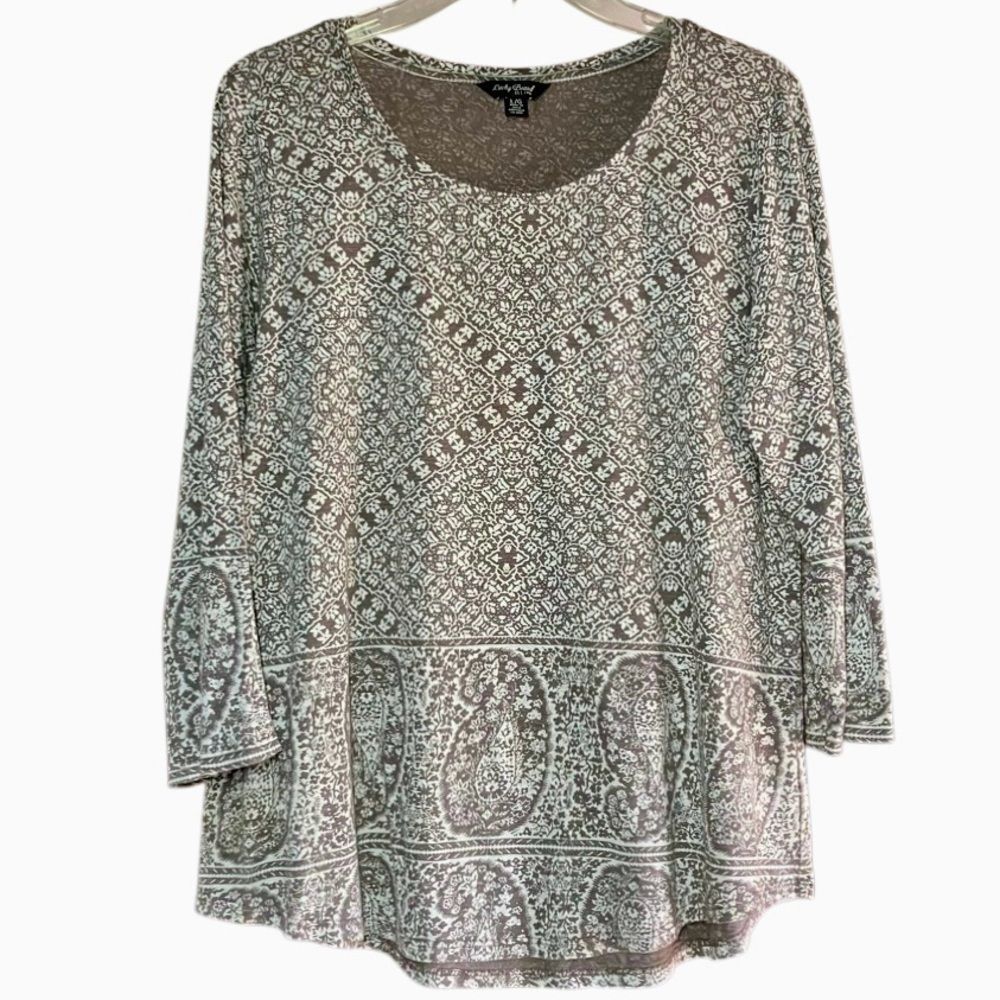 Lucky Brand Floral Paisley Knit Top w/ 3/4 Sleeves in Smoky Grey/White Womens L